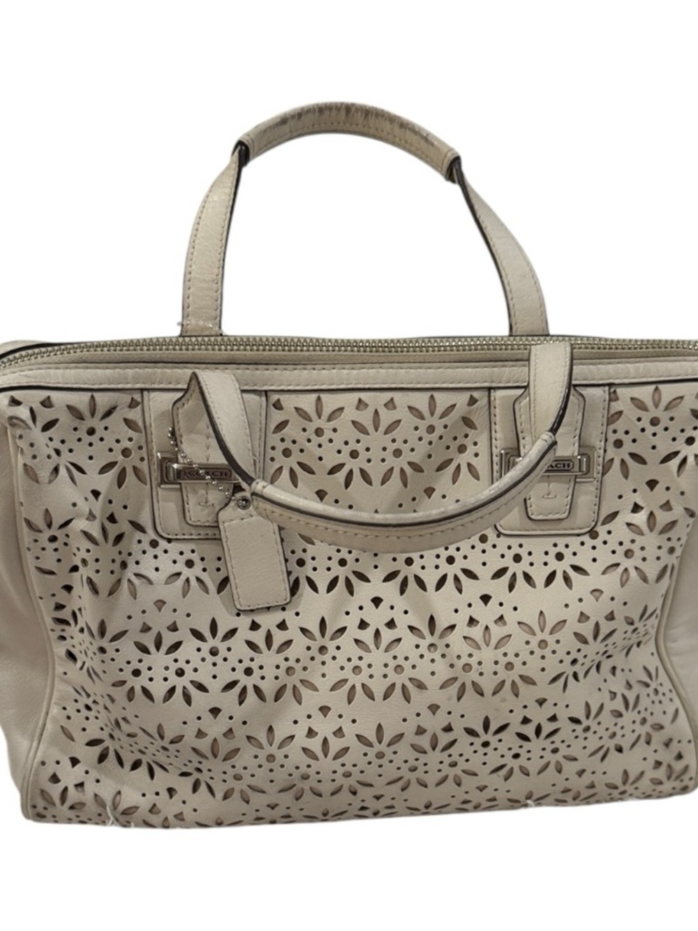 Coach Taylor Perforated Putty
White Leather Satchel
12"L x x x8"H